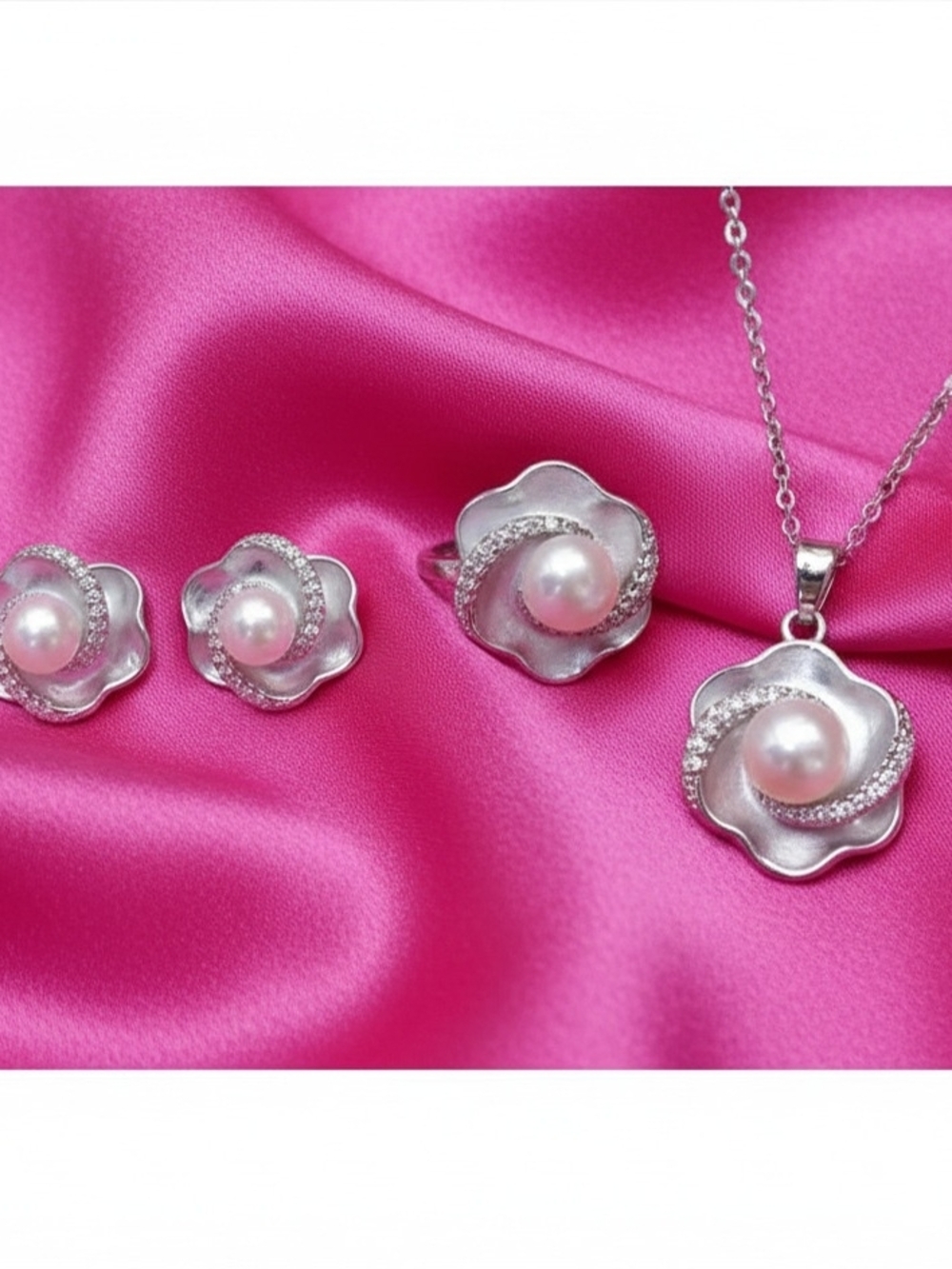 S925 Needle, Freshwater Pearl & Silver-Plated Flower Jewelry Set - Women Jewelry